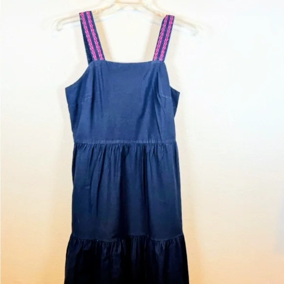 J. Crew Navy Blue Maxi Tiered Dress with Pink Embroidered Trim. Size 6 - Picture 2 of 5